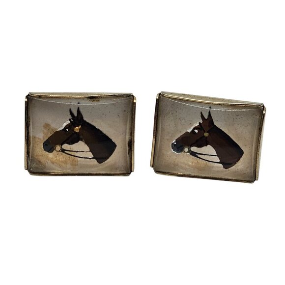 Vintage Horse Head Cufflinks Gold Tone Resin Rectangular Design - Picture 1 of 4